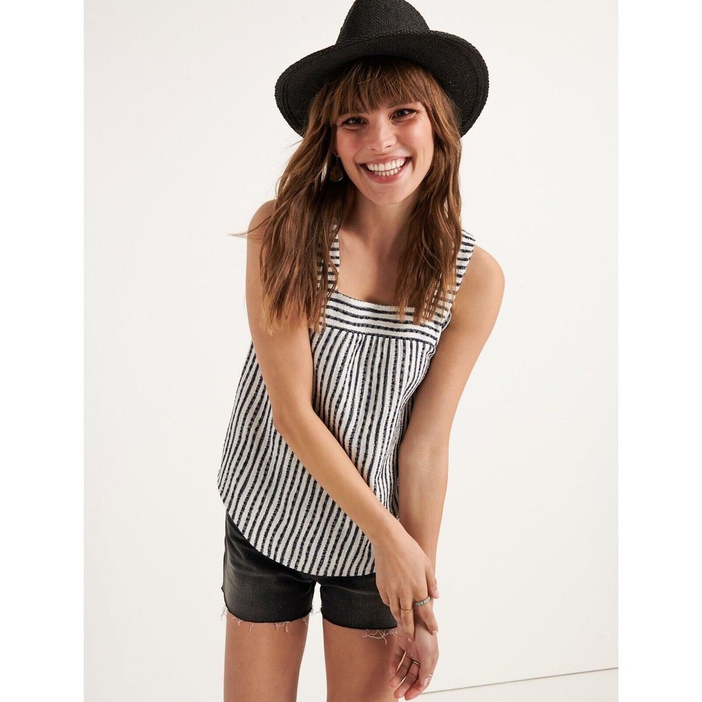Lucky Brand Womens Tank Sz S Square Neck Textured Navy Blue White Striped